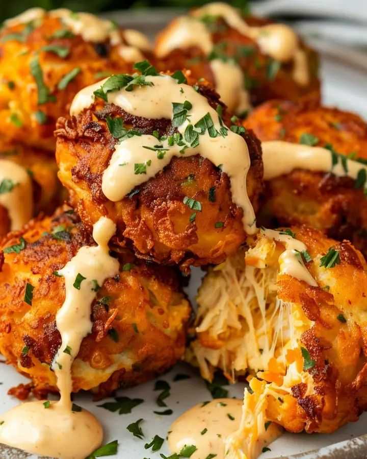 Cheesy Chicken Fritterss with a Spicy Mayo Drizzle