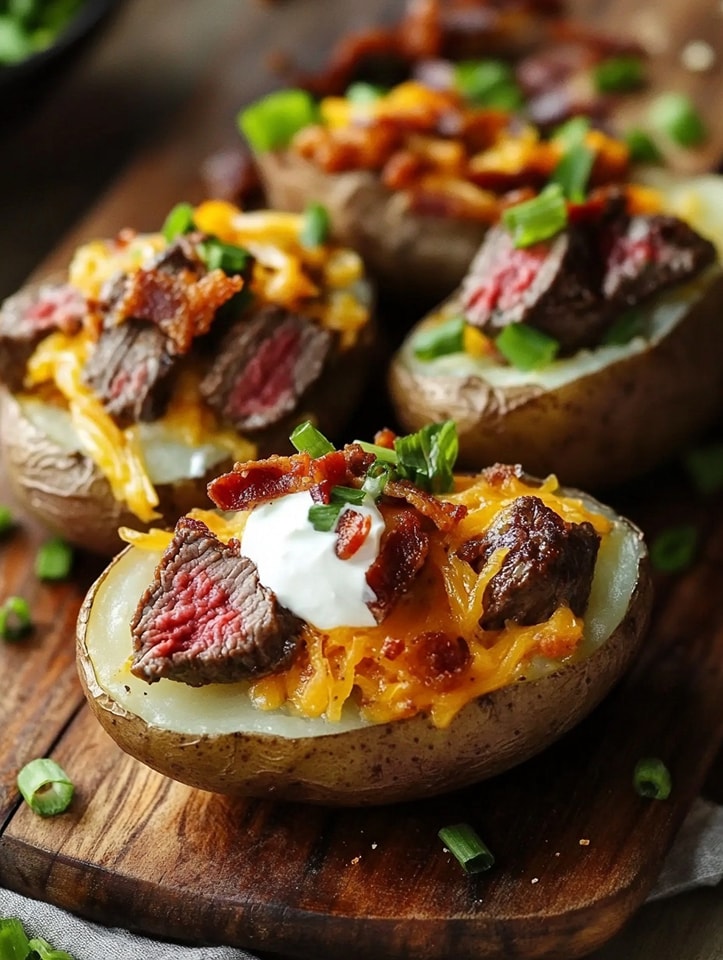 Creamy Mushroom Steak Bites Loaded Potatoes
