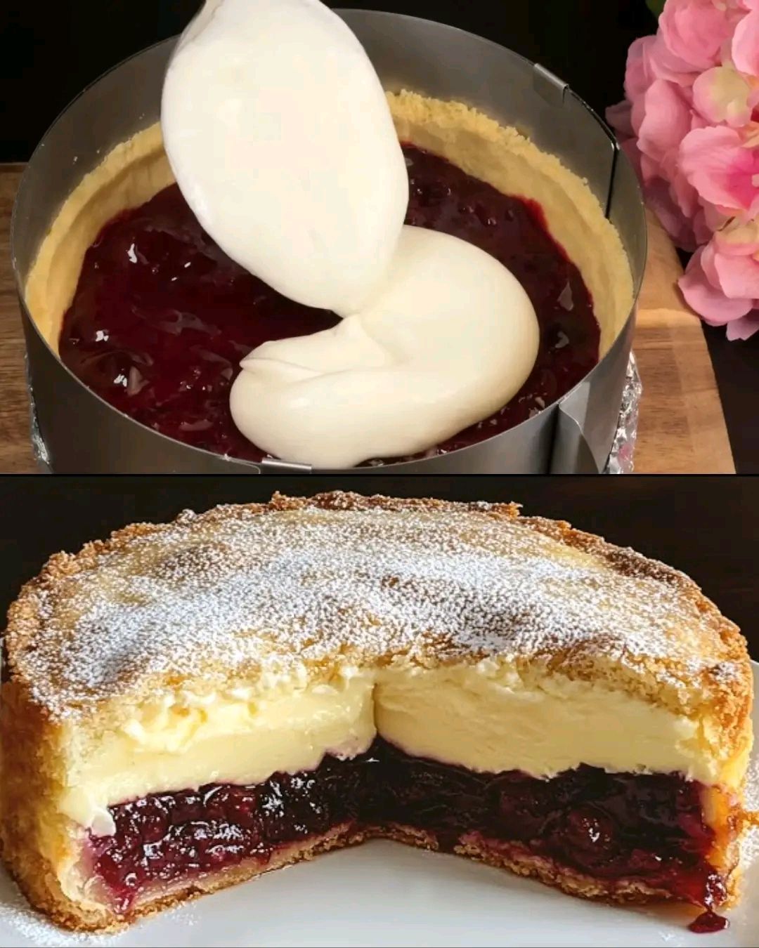 Cherry Crumble Cake with Meringue and Yogurt Cream